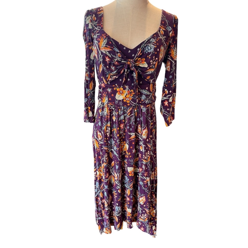 Maeve by Anthropologie Purple Floral Tie Front Midi‎ Dress Medium Rayon Stretch